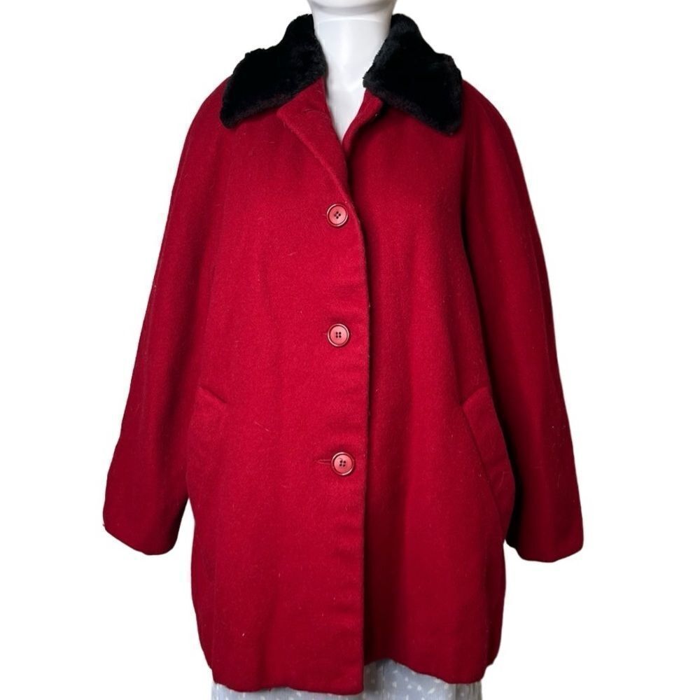 Kristen Blake Classics Faux Fur Collared Wool Pea Coat Red & Black Small